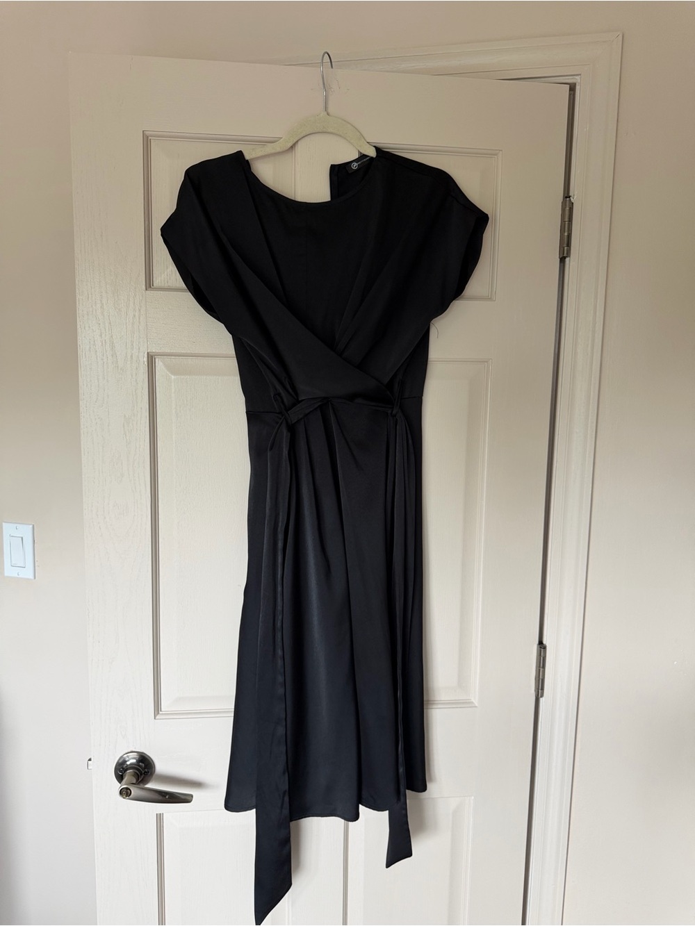 Classic Black Midi Wrap Dress with Waist Tie